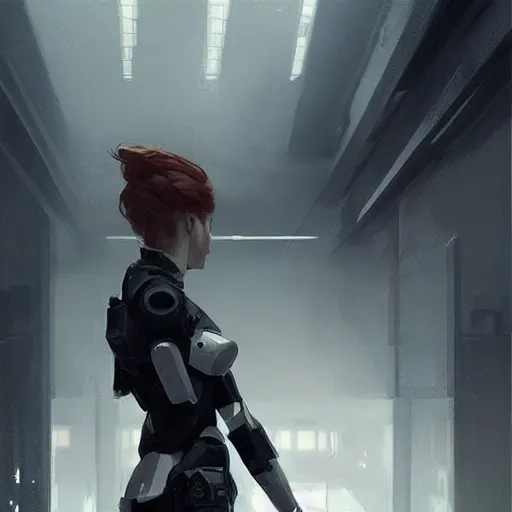 Image similar to concept art by greg rutkowski, a very tall, slender redhead girl wearing futuristic white and black tactical gear, brutalist futuristic interior, dim lighting, detailed portraits, nostalgic atmosphere, scifi, digital painting, artstation, concept art, smooth, sharp foccus ilustration, artstation hq