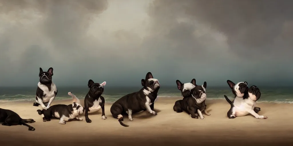 Prompt: french bulldogs on the beach, mythology, extremely detailed digital painting, in the style of dali, jheronimus bosch and ruan jia and jeremy lipking and peter mohrbacher, mystical colors, edge light, beautiful lighting, 4 k, stunning scene, ray tracing, octane, trending on artstation