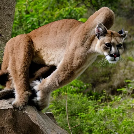 Image similar to trail cam of a mountain lion dancing with a monkey