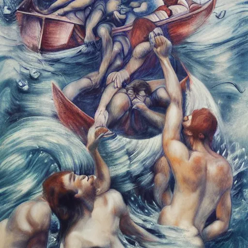 Image similar to by marco mazzoni, by ernst wilhelm nay relaxed, spirited. the performance art of a huge wave about to crash down on three small boats. the boats are filled with people, & they all look terrified.