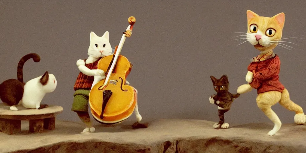 Image similar to a cat playing the fiddle while dancing on its hind legs on top of a round ball of Swiss cheese, in the style of claymation