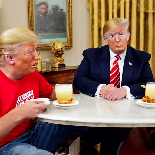 Image similar to photograph of trump and Biden sitting and eating breakfast at a Wafflehouse