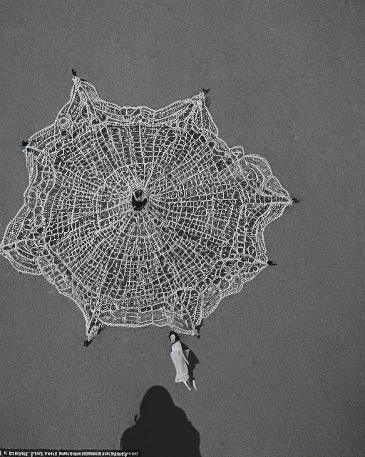 Prompt: a woman standing on a beach, made of intricate decorative lace leaf skeleton, shot from a drone, in the style of the dutch masters and gregory crewdson, dark and moody