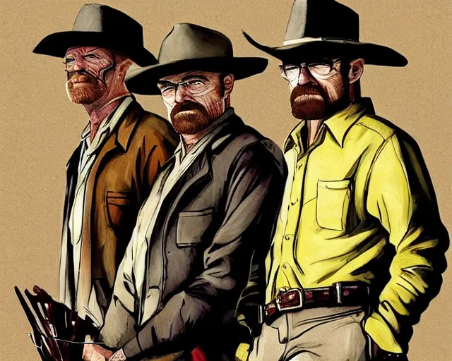 Prompt: Walter White having an old west draw with Jesse Pinkman in the style of The Good, The Bad, and the Ugly