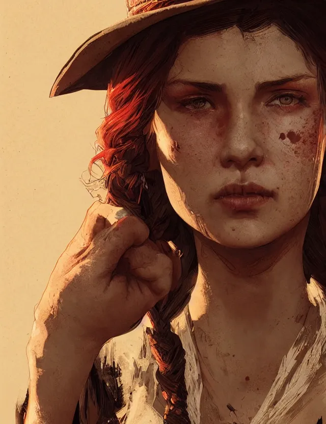 Image similar to close face portrait of a beautiful young female robber as red dead redemption 2 concept art, art by ryo shiotani and greg rutkowski, intricate, beautiful, cute, cinematic lighting, vintage art by serge ivanoff, high resolution, very detailed