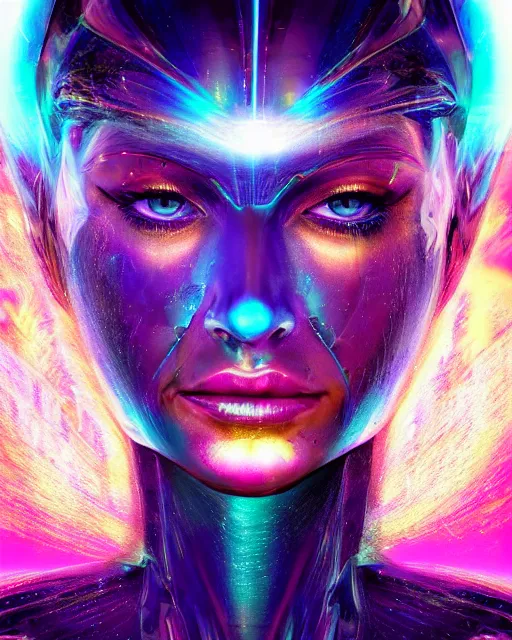 Image similar to a powerful energy psychedelic matrix woman, by alexander fedosav, hyper detailed digital matte painting, concept art, hyperrealism, 1 6 k resolution, cinema 4 d, 8 k resolution, trending on artstation, behance hd, a masterpiece, by stephan martiniere, particles, cel - shaded, power bright neon energy, by david a. hardy,