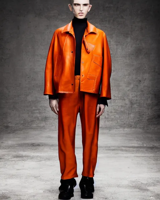 Prompt: a fashion editorial photo of a desaturated orange extremely baggy short ancient medieval designer menswear leather jacket with an oversized collar and baggy bootcut trousers designed by alexander mcqueen, 4 k, studio lighting, wide angle lens