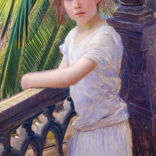 Image similar to a ultradetailed beautiful painting of a girl in the amazonas palace balustrade designed by jules bastien - lepage, hans belmer, frank weston and gustave baumann, beach, trending on artstation, mediterranean, palm trees, refracted color sparkles, sharp focus, soft light, 8 k 4 k