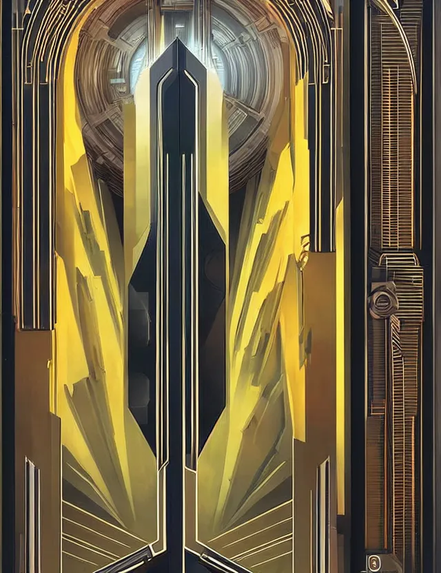 Image similar to hyperrealistic sci - fi double door in art deco style by jordan grimer, darek zabroski