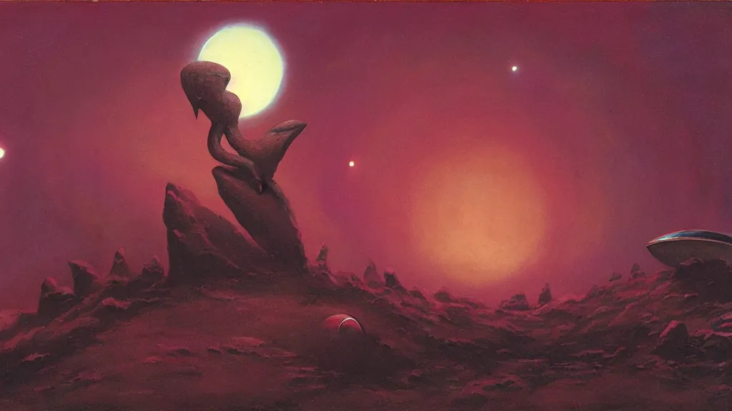 Image similar to mysterious whimsical sculpture of an alien crescent moon by paul lehr and john schoenherr, cinematic matte painting