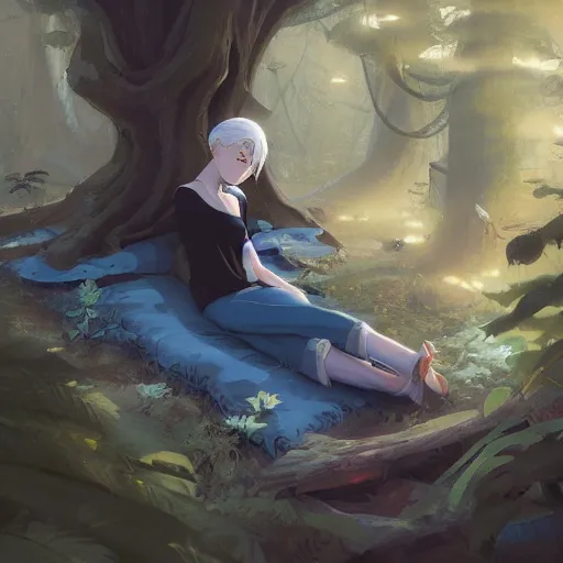 Image similar to girl sorcerer with white hair in a hairbun, wearing a black tshirt, and wearing blue jean. she is laying down sleeping, in a forest landscape. digital art, environment concept art, by rossdraws, ghibli, art by greg rutkowski