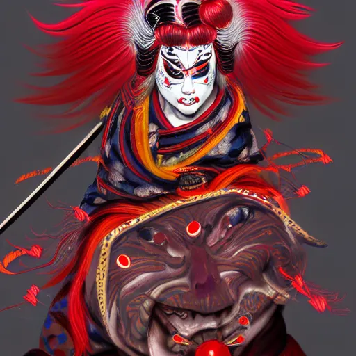 Image similar to an insane kabuki warrior wielding a spear while emitting a distorting psychedelic aura of madness, intricate hakama, red wig, crossed eyes, hazy atmosphere, high energy, trending on artstation, detailed concept art,