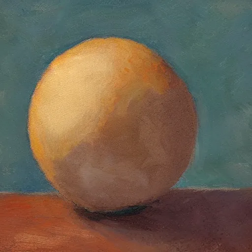 Image similar to impressionist painting of a spherical boulder on a pedestal with a match stick in its side, brown background