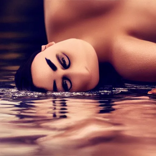 Image similar to eye - level view of a beautiful woman, laying on the ground, hands peacefully resting under her chin, water reflection!!!!!, water mirrored water, reflection echo, 4 k, detailed facial features!!!!!, artstation photorealism, photorealism