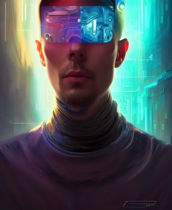 Image similar to a whirlwind inside the metaverse, guy, male, man, hologram, half body, neurochip, android, cyborg, cyberpunk face, by loish, d & d, fantasy, intricate, elegant, highly detailed, colorful, digital painting, artstation, concept art, art by artgerm and greg rutkowski and alphonse mucha