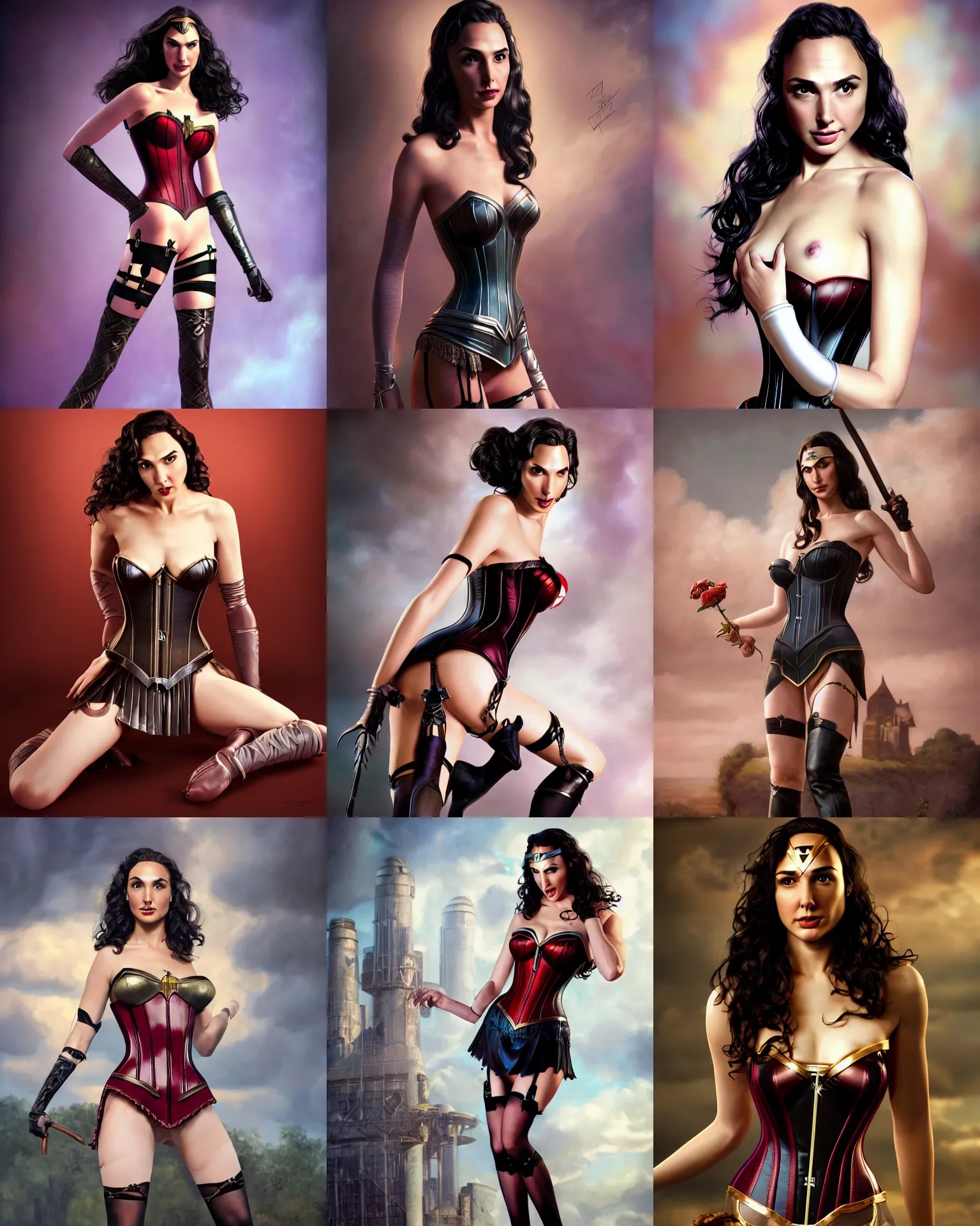 Prompt: full shot portrait painting of very beautiful gal gadot posing as hot maiden in stockings corset home submissive, character design by mark ryden and pixar and hayao miyazaki, unreal 5, daz, hyperrealistic, octane render, cosplay, sharp focus, rpg portrait, dynamic lighting, intricate detail, cinematic, pinup