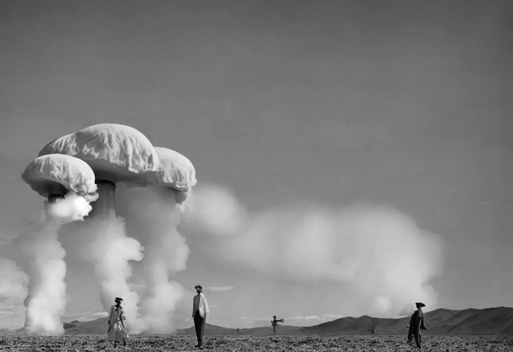 Prompt: fashion editorial in Nevada nuclear test site. gigantic mushroom cloud explision. 1956. highly detailed. depth of field. high definition. 8k. photography.