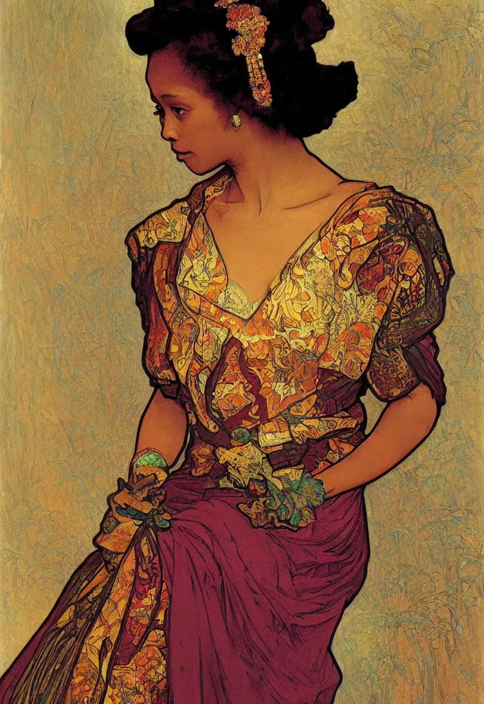 Prompt: portrait of Thandiwe Newton, oriental art nouveau, frock, mid body, painting by Rembrandt, alphonse mucha, Józef Mehoffer