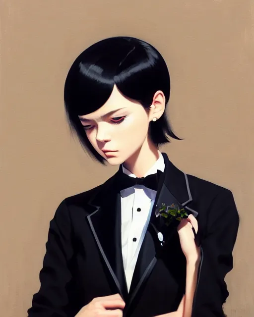 Image similar to a ultradetailed beautiful portrait panting of a stylish woman wearing a black tuxedo, oil painting, by ilya kuvshinov, greg rutkowski and makoto shinkai, trending on artstation