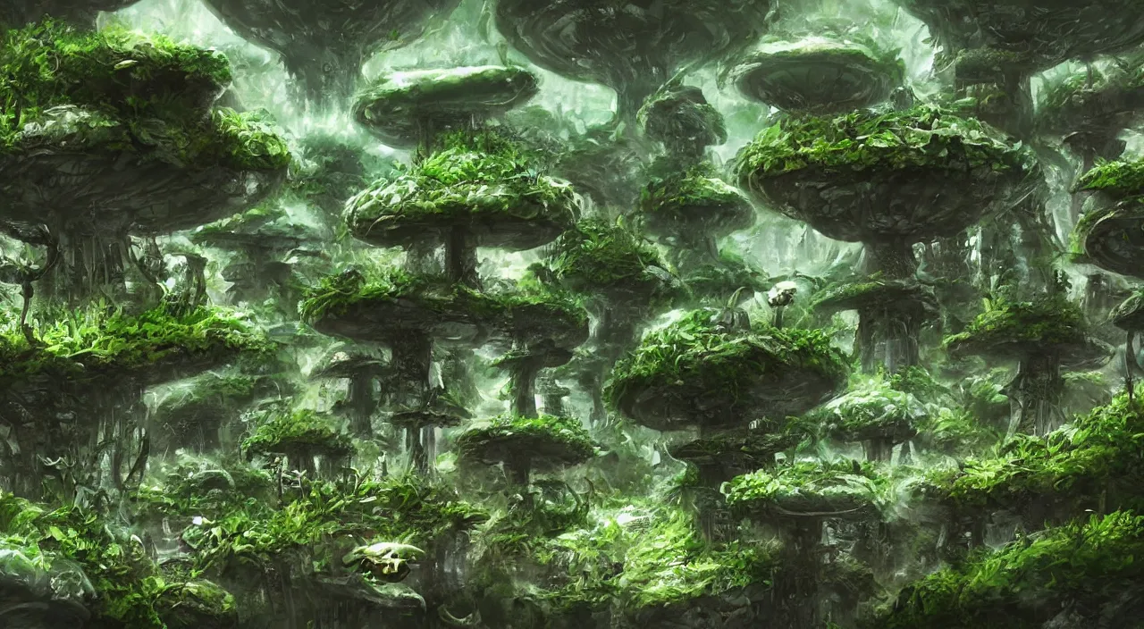 Prompt: a futuristic mushroom city, stone and jungle vegetation, green and white mushrooms, fantasy painting, concept art, illustration