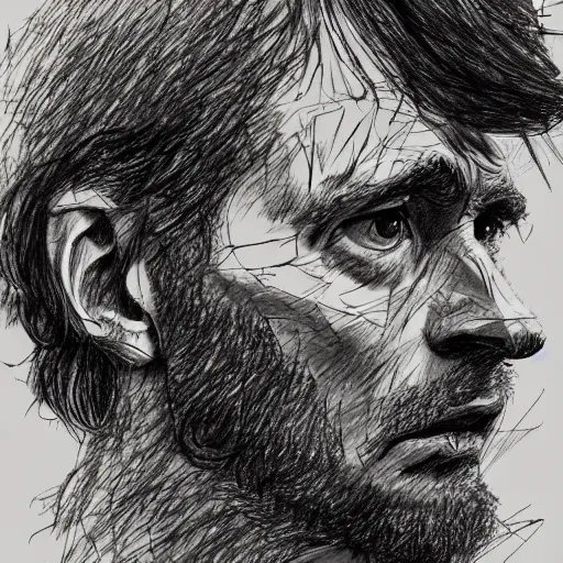 Image similar to a realistic yet scraggly portrait sketch of the side profile of a stern and sophisticated jonny greenwood, trending on artstation, intricate details, in the style of frank auerbach, in the style of sergio aragones, in the style of martin ansin, in the style of david aja, in the style of mattias adolfsson