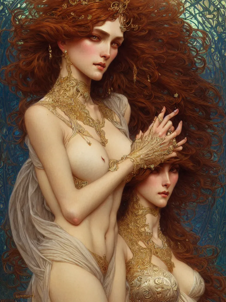 Image similar to a modestly clothed woman, tall, feminine, powerful, voluminous, intricate, elegant, highly detailed, digital painting, artstation, smooth, symmetrical, sharp focus, illustration, art by gaston bussiere and alphone mucha