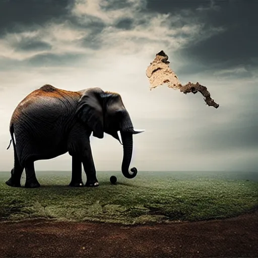 Image similar to an elephant crumbling to dust in the air, photorealistic