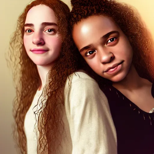 Image similar to intricate beautiful hyperreal portrait of a hermione granger and hermione granger, smiling softly, casual clothes, relaxing on the couch, home interior, golden hour, close up shot, 8 k, art by irakli nadar, hyperrealism, hyperdetailed, ultra realistic