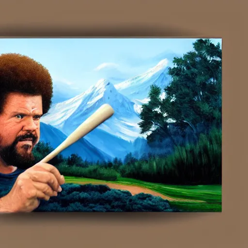 Image similar to a closeup photorealistic photograph of bob ross painting an image of kenny powers pitching a baseball on a canvas. mountains and trees. film still. brightly lit scene. this 4 k hd image is trending on artstation, featured on behance, well - rendered, extra crisp, features intricate detail, epic composition and the style of unreal engine.