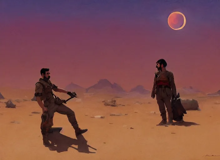 Prompt: portrait of saddam hussein, chilling desert landscape lit by blood moon, rule of thirds, painting by sargent and leyendecker, studio ghibli, fantasy, medium shot, asymmetrical, intricate, elegant, matte painting, hearthstone, crimson gradient, by greg rutkowski and greg tocchini and james gilleard and joe fenton and greg manchess