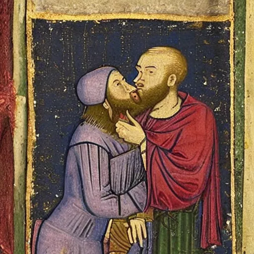 Image similar to medieval art, bearded man kissing bearded man