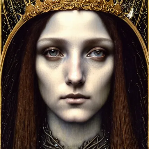 Image similar to detailed realistic beautiful young medieval queen face portrait by jean delville, tom bagshaw, brooke shaden, gustave dore and marco mazzoni, art nouveau, symbolist, visionary, gothic, pre - raphaelite, ornate gilded medieval icon, surreality, ethereal, unearthly, haunting, celestial, neo - gothic, ghostly, memento mori, nightmare