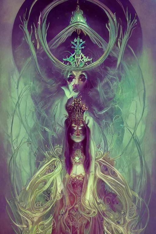 Image similar to jeweled Crown, other worldly, fairy necromancer court, bones, art nouveau, by Anato Finnstark, Tom Bagshaw, Brom