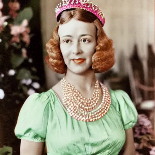 Prompt: a queen with tan skin, short, rippling dark cinnamon hair, and emerald eyes is shown meeting with the prime minister in a long, medium wide shot, german and eastern european mix kodachrome slide. in a vintage historical fantasy photograph from 1 9 3 2, she is shown donning a pink outfit and green jewels.