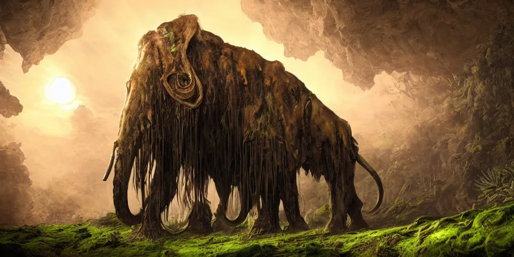 Prompt: magnificent mechanical steampunk mammoth looking eerily into a cave entrance with lush vegetation and mystical (((glowing algae))) in the sunset, desaturated, creepy ambiance, dangerous, sharp focus, highly detailed, artgerm