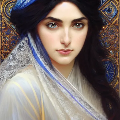 Image similar to ameera al taweel, bright blue eyes, long wavy black hair, white veil, front , highly detailed, digital painting, artstation, concept art, smooth, sharp focus, illustration, ArtStation, art by artgerm and greg rutkowski and alphonse mucha and Edmund Blair Leighton