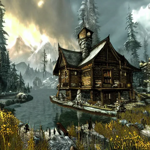 Prompt: skyrim in the style of Thomas Kinkade