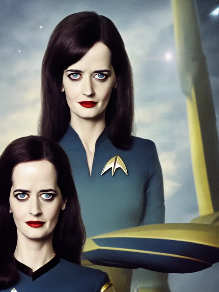 Image similar to a full body photograph of 3 0 year old eva green as a star fleet officer from star trek next generation, ultra rendered, extreme realism and detail, 8 k, highly detailed, realistic, completely framed, hyper realistic, colorful, direct lighting, 3 5 mm photo, photorealistic, sharp focus