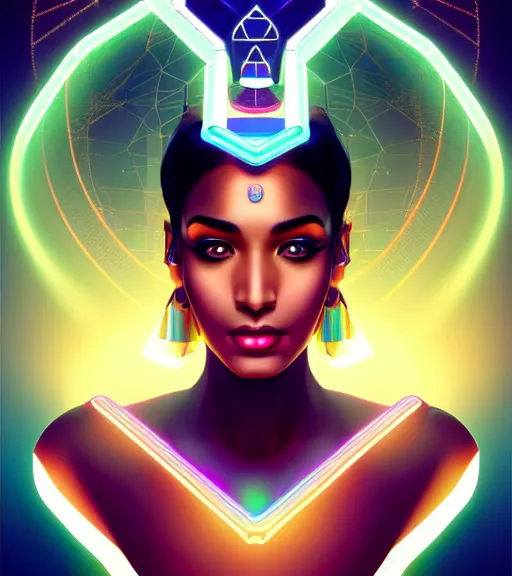 Image similar to symmetry!! egyptian princess of technology, solid cube of light, hard edges, product render retro - futuristic poster scifi, lasers and neon circuits, brown skin gorgeous egyptian princess, intricate, elegant, highly detailed, digital painting, artstation, concept art, smooth, sharp focus, illustration, dreamlike, art by artgerm