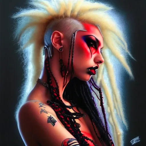 Prompt: portrait of flawless beautiful female cybergoth with blonde and red dreadlocks, dark, piercing eyes, exotic expression, esoteric clothing, photorealistic, highly detailed, mysterious lighting, artstation, smooth, sharp focus, art by michael whelan, artgerm, greg rutkowski and luis royo