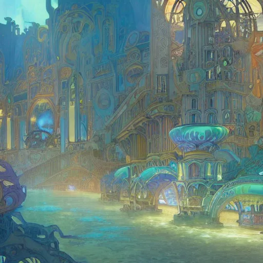 Prompt: a beautiful stunning fantasy matte digital painting of the cityscape of the underwater city of Atlantis, art nouveau, vibrant color palette, by Alphonse Mucha and Tyler Edlin, trending on artstation hq