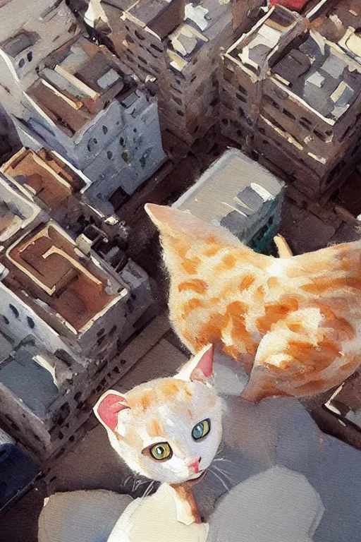 Image similar to beautiful clean oil painting a anthropomorphic cat in a cats city from the top of a roof pinterest, artstation trending, behance, watercolor, by coby whitmore, silver, laser light