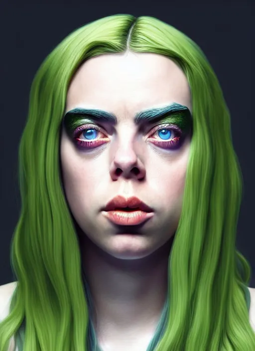 Image similar to Billie Eilish as Female Loki, beautiful facial symmetry, olive skin, hyper realistic, hyper detail, very detailed, digital art, trending on artstation, smooth render, 8k octane render, digital illustration, by Katsuhiro Otomo and Shigeru Miyamoto and Ian Sprigger