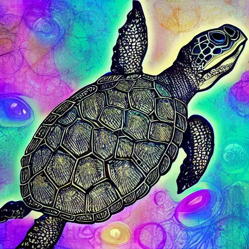 Prompt: sea turtle with intricate patterned luminescent shell in the style of android jones detailed 4 k painting