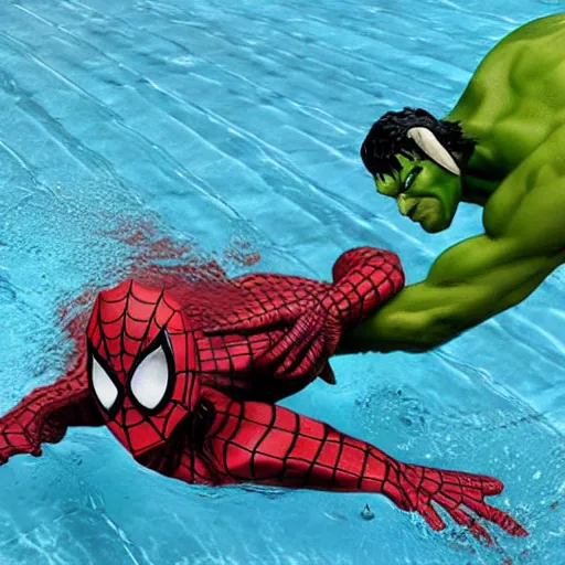 Image similar to spiderman and the halk fighting each other in the pool