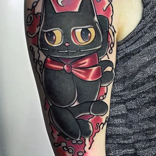 Image similar to Anime manga robot cat, tattoo on upper arm