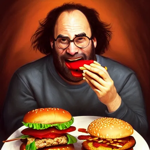 Image similar to portrait of a george Constanza eating a hamburger, extra onions and ketchup, luscious patty with sesame seeds, masculine, handsome, D&D, fantasy, intricate, elegant, highly detailed, digital painting, artstation, concept art, matte, sharp focus, illustration, art by Artgerm and Greg Rutkowski and Alphonse Mucha