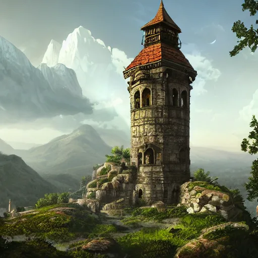 Image similar to ancient tower in top of lush mountain overlooking a valley with large medieval baroque city, mythical ambiance, sharp focus, highly detailed, cgsociety