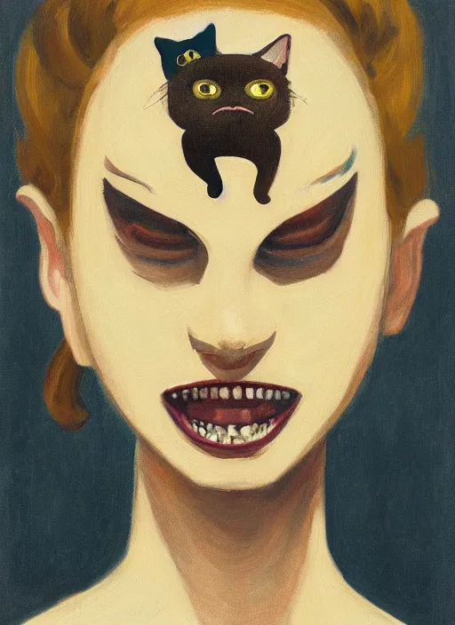 Prompt: portrait of a woman with cat face, metal teeth upsidedown by Edward Hopper and James Gilleard, highly detailed