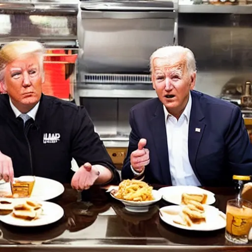 Image similar to photograph of trump and Biden sitting and eating breakfast at a Wafflehouse